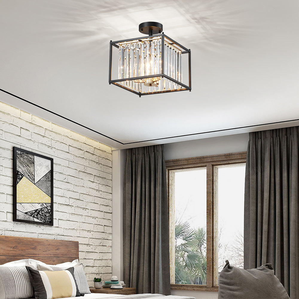 Decorique Home 23009 Crystal Ceiling Light with Black Metal Frame and Sparkling Crystal Elegant Pendant Lighting Fixture for Dining Bathroom Bedroom Living Room