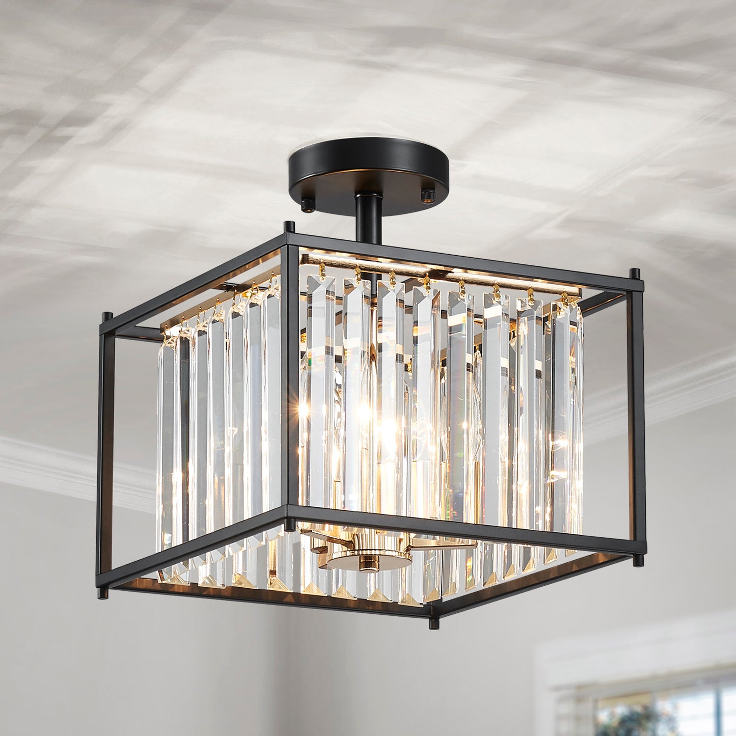 Decorique Home 23009 Crystal Ceiling Light with Black Metal Frame and Sparkling Crystal Elegant Pendant Lighting Fixture for Dining Bathroom Bedroom Living Room