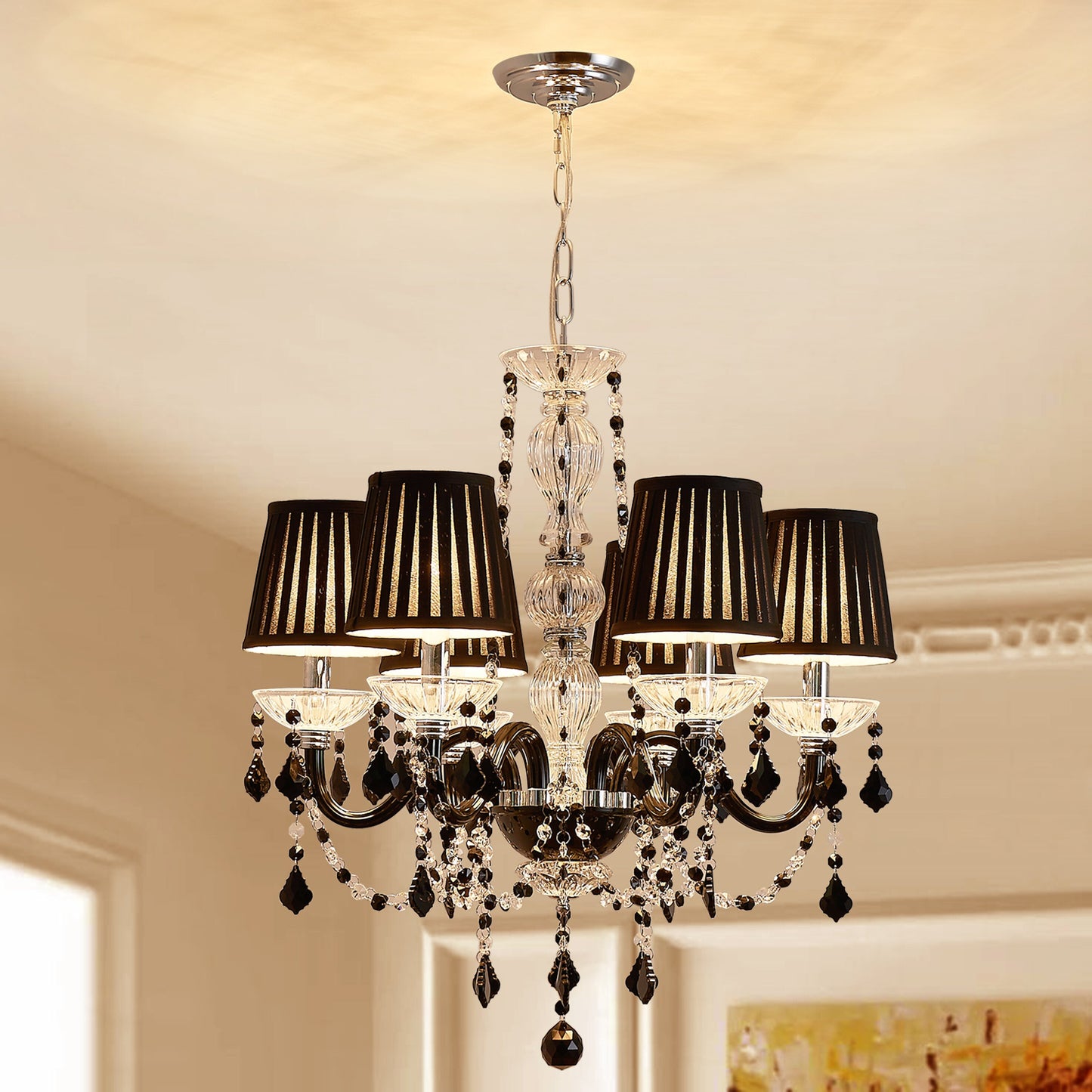 Decorique Home 23013 6 Lights Modern Chandelier K9 Black Crystal Chandelier Lighting,Black Shade Crystal Ceiling Light Fixture Pendant Lamp for Dining Room Bathroom Bedroom Living Room