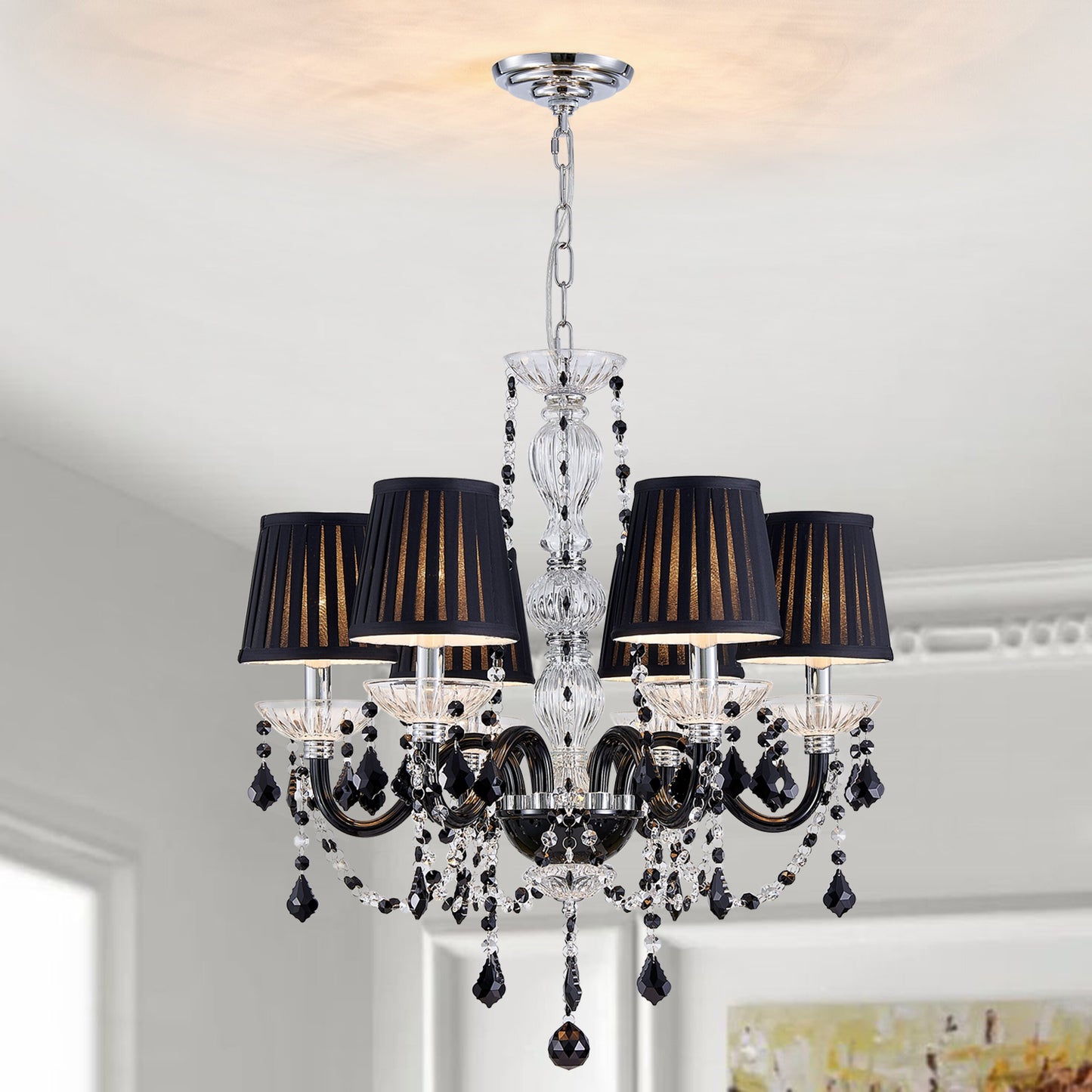 Decorique Home 23013 6 Lights Modern Chandelier K9 Black Crystal Chandelier Lighting,Black Shade Crystal Ceiling Light Fixture Pendant Lamp for Dining Room Bathroom Bedroom Living Room