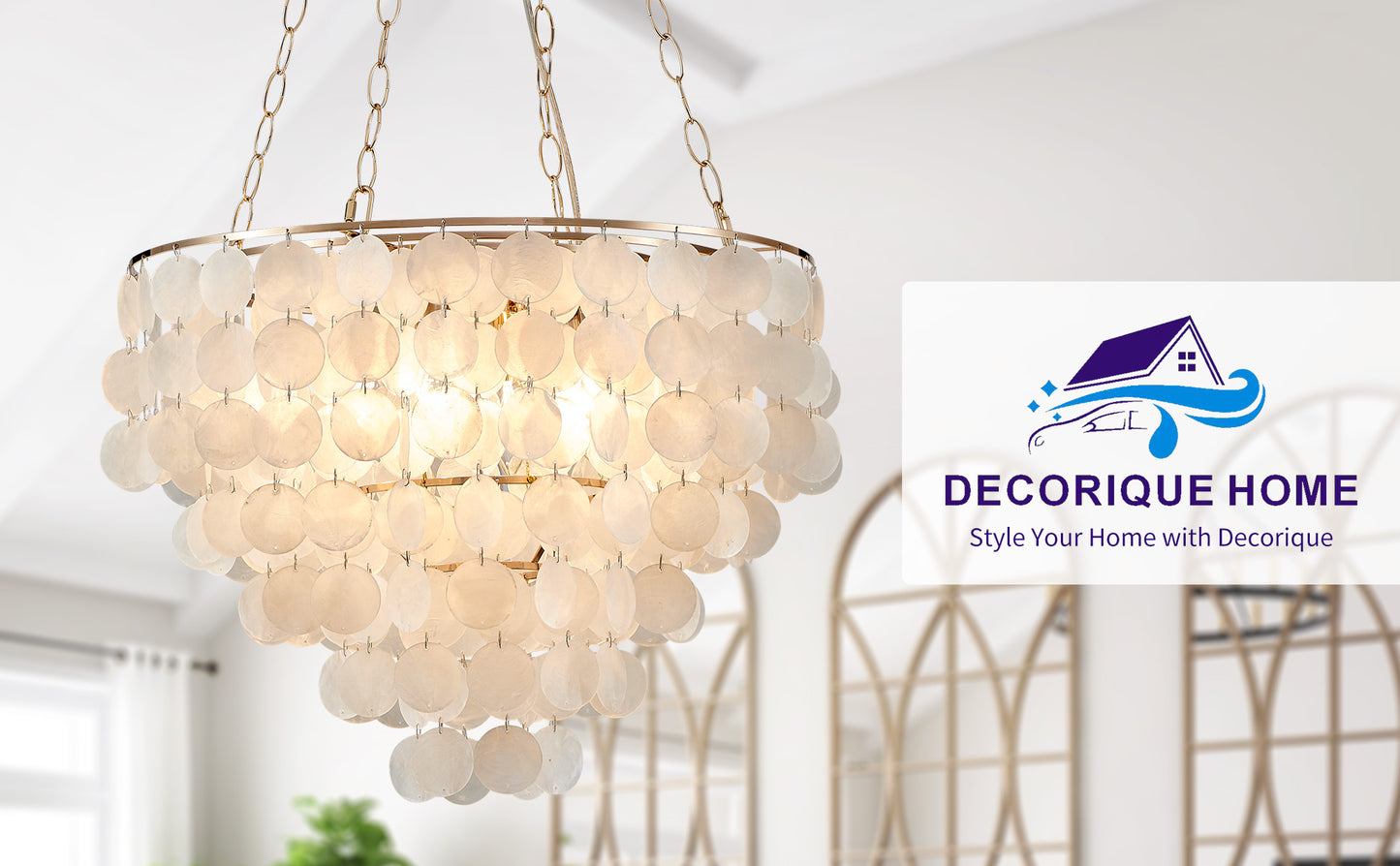 Decorique Home 23003 Shell Capiz Chandelier 4 Lights- Ocean-Inspired Elegance for Dining Room, Bathroom, Bedroom, and Living Room