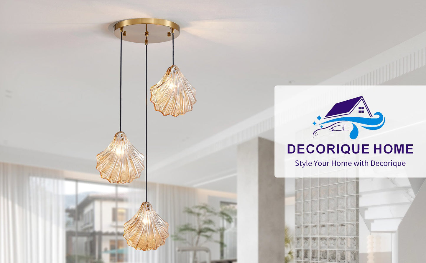 Decorique Home 23007 3-Light Seashell Pendant Chandelier Ocean-Inspired Ceiling Light Fixture for Dining Room, Bathroom, Bedroom, and Living Room