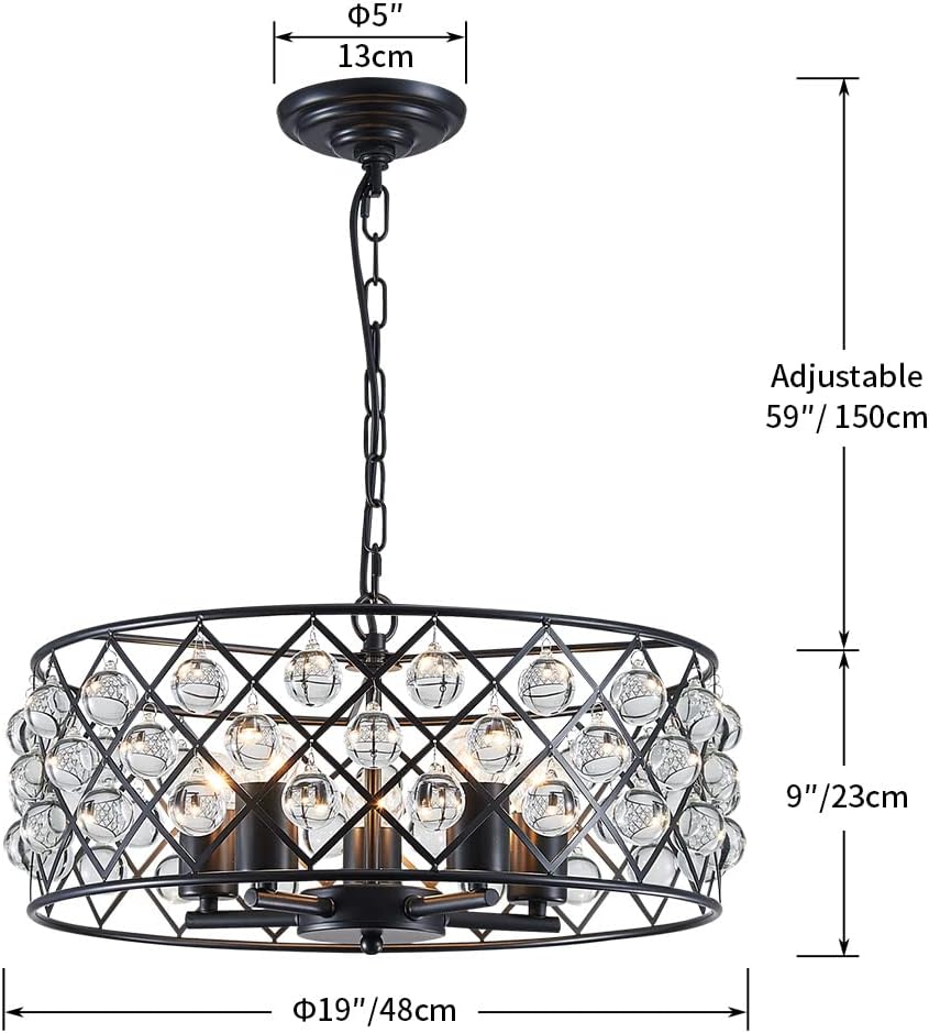 Shrine Lighting 20015 Crystal Chandelier Lighting,5 Lights Drum Crystal Fixture Lighting in Rustic Retro Style,ORB with K9 Crystals,Drum Pendant Lighting with Adjustable Chain,H9 x D19