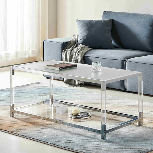 Saint Mossi BLEVIO 202205CR-Ripple Glass Coffee Table, Clear Double Layer Glass Coffee Table for Living Room, Chrome Frame and Ripple Glass