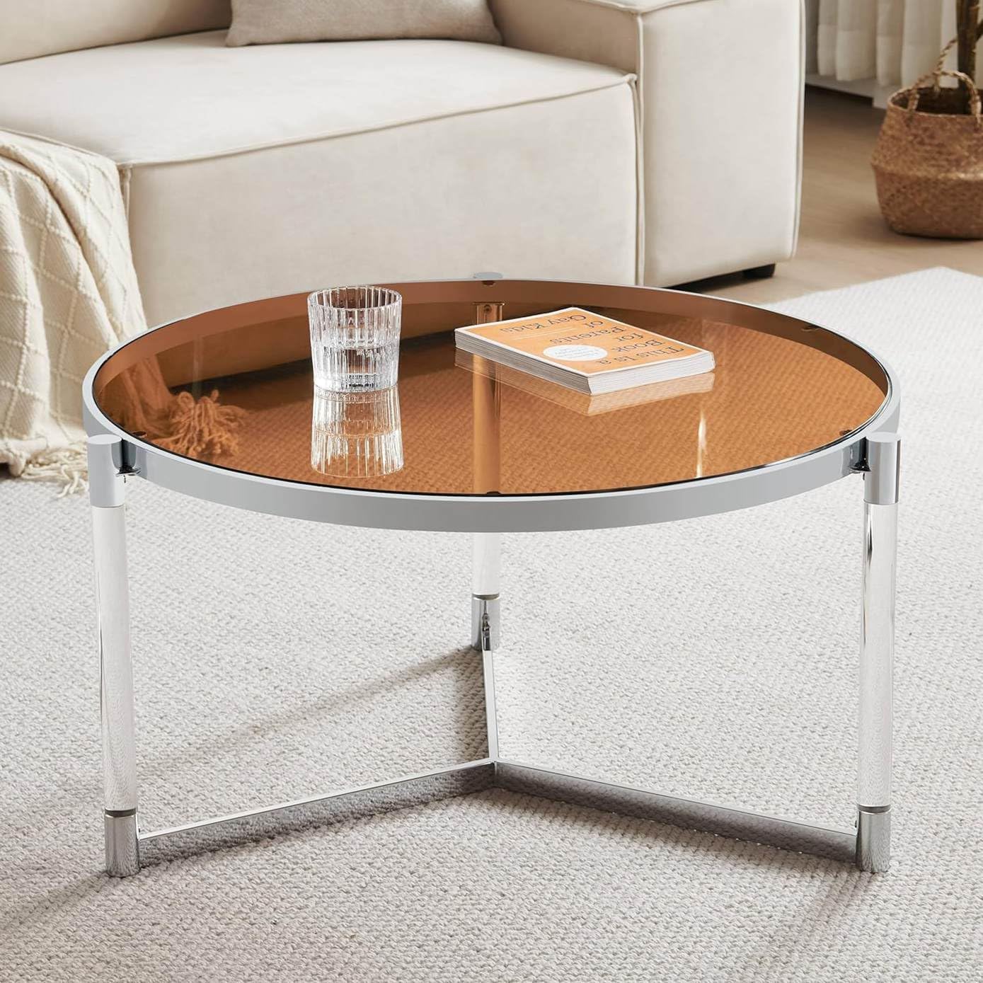 Saint Mossi 202303CR-BR Glass Coffee Table, Modern Design, Single Layer Glass Coffee Table for Living Space, D32 x H17, Coffee Brown Glass Top, Clear Acrylic Leg & Chrome Finish Metal Frame