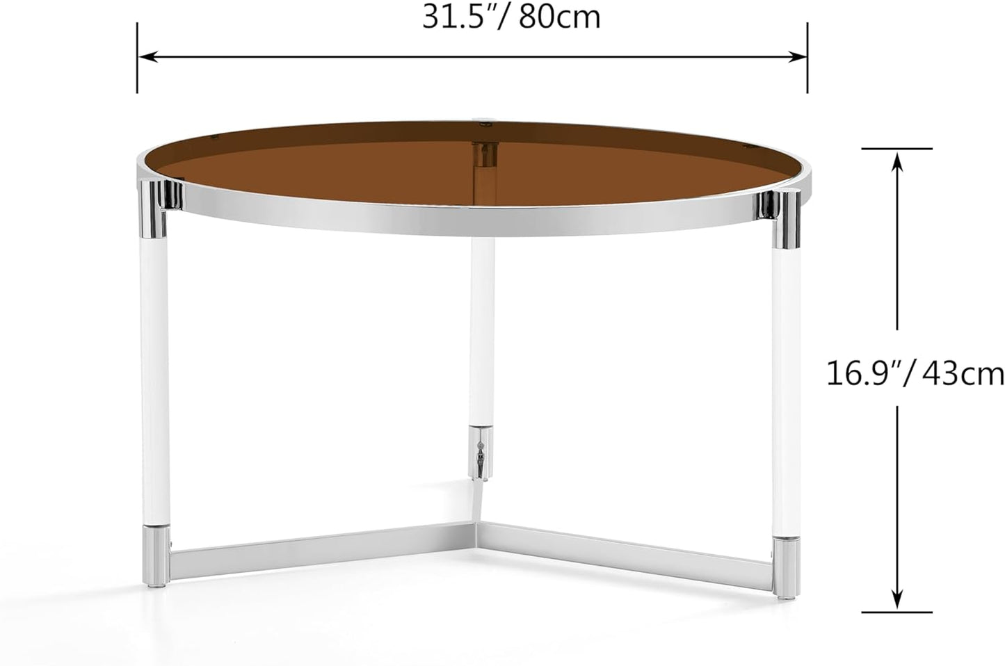 Saint Mossi 202303CR-BR Glass Coffee Table, Modern Design, Single Layer Glass Coffee Table for Living Space, D32 x H17, Coffee Brown Glass Top, Clear Acrylic Leg & Chrome Finish Metal Frame