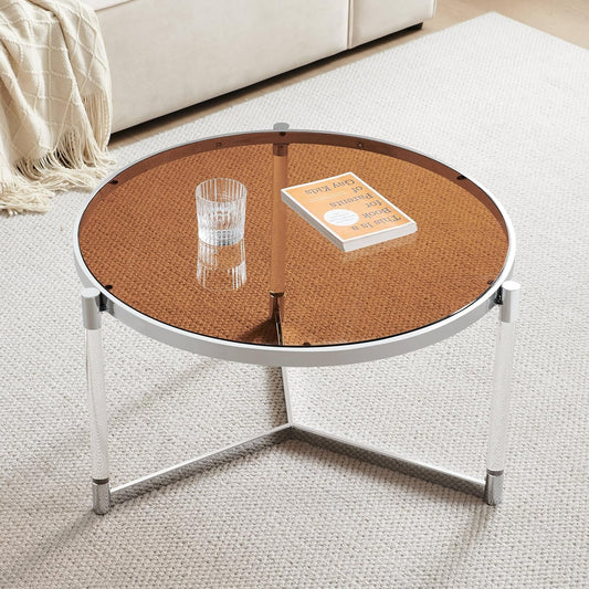 Saint Mossi 202303CR-BR Glass Coffee Table, Modern Design, Single Layer Glass Coffee Table for Living Space, D32 x H17, Coffee Brown Glass Top, Clear Acrylic Leg & Chrome Finish Metal Frame