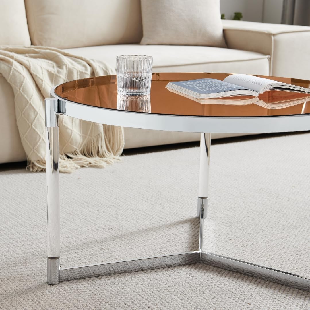 Saint Mossi 202303CR-BR Glass Coffee Table, Modern Design, Single Layer Glass Coffee Table for Living Space, D32 x H17, Coffee Brown Glass Top, Clear Acrylic Leg & Chrome Finish Metal Frame