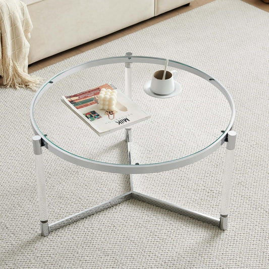 Saint Mossi 202303CR Glass Coffee Table, Modern Design, Single Layer Glass Coffee Table for Living Space, D32 x H17, Clear Glass Top, Clear Acrylic Leg & Chrome Finish Metal Frame