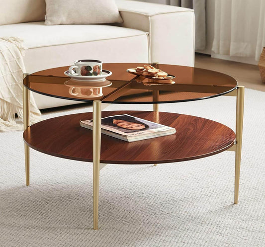 Saint Mossi 202304GL-BR Glass Coffee Table, Middle-Century Modern Style, Perfect for Living Space, D30 x H17, Coffee Brown Glass Top & Walnut Brown MDF Wood Top, with Gold Finish Legs & Frame