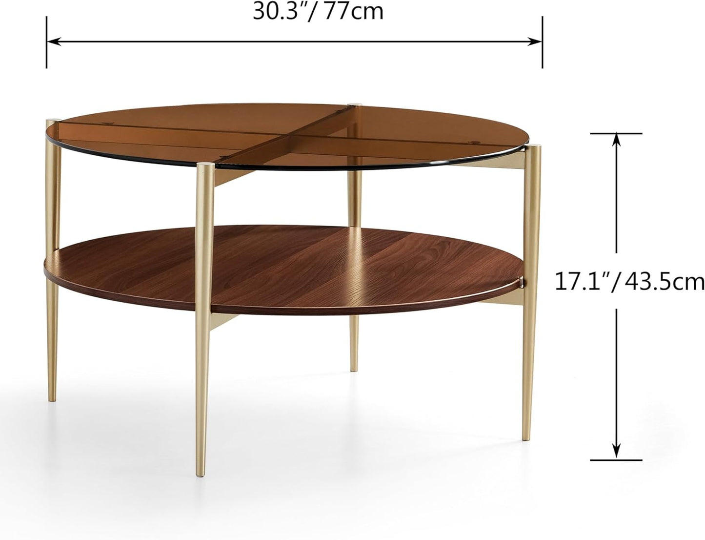 Saint Mossi 202304GL-BR Glass Coffee Table, Middle-Century Modern Style, Perfect for Living Space, D30 x H17, Coffee Brown Glass Top & Walnut Brown MDF Wood Top, with Gold Finish Legs & Frame