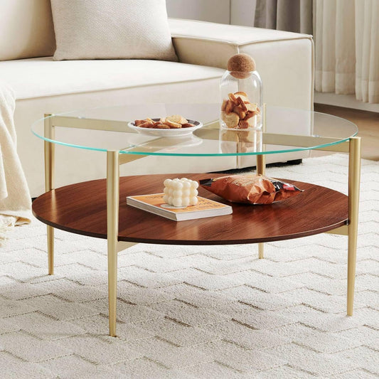 Saint Mossi 202304GL Glass Coffee Table, Middle-Century Modern Style, Perfect for Living Space, D30 x H17, Clear Glass Top & Walnut Brown MDF Wood Top, with Gold Finish Legs & Frame