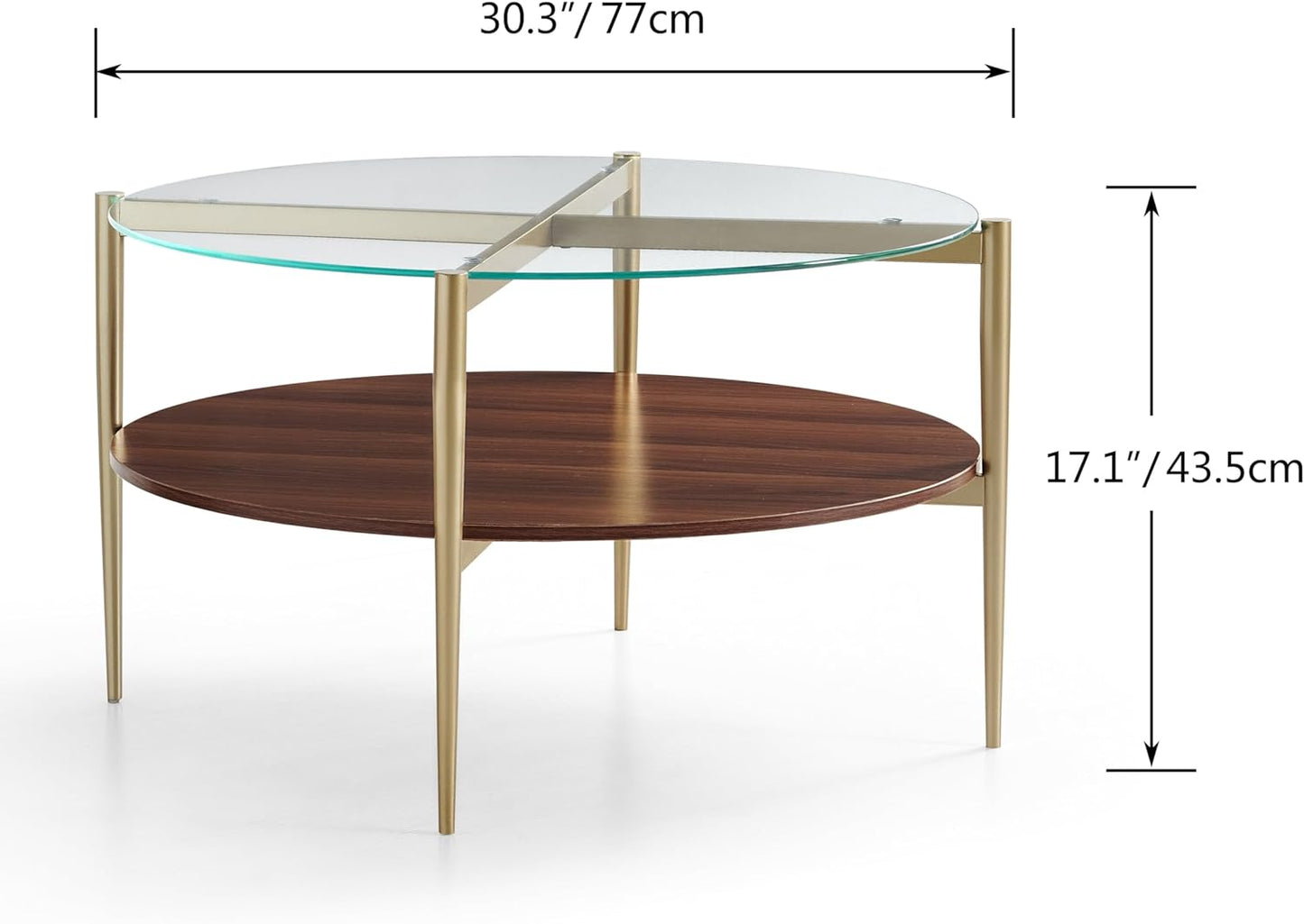 Saint Mossi 202304GL Glass Coffee Table, Middle-Century Modern Style, Perfect for Living Space, D30 x H17, Clear Glass Top & Walnut Brown MDF Wood Top, with Gold Finish Legs & Frame