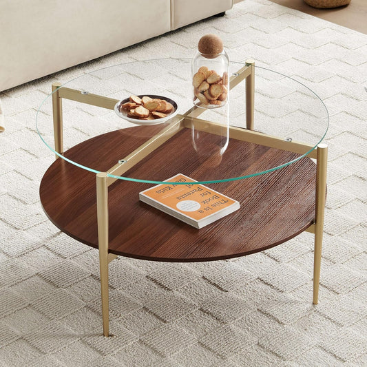 Saint Mossi 202304GL Glass Coffee Table, Middle-Century Modern Style, Perfect for Living Space, D30 x H17, Clear Glass Top & Walnut Brown MDF Wood Top, with Gold Finish Legs & Frame