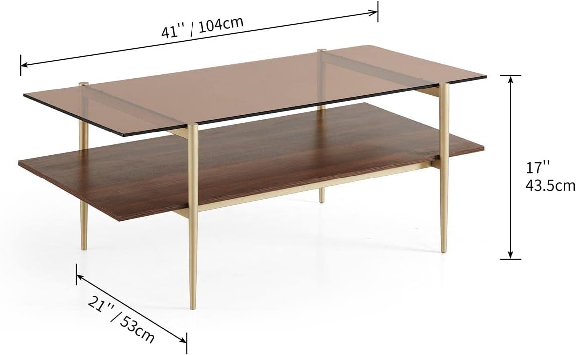 Saint Mossi Tadio Glass Coffee Table,Double Layer Glass Coffee Table for Living Room, Brown Glass & Coffee Brown MDF Bottom Shelf