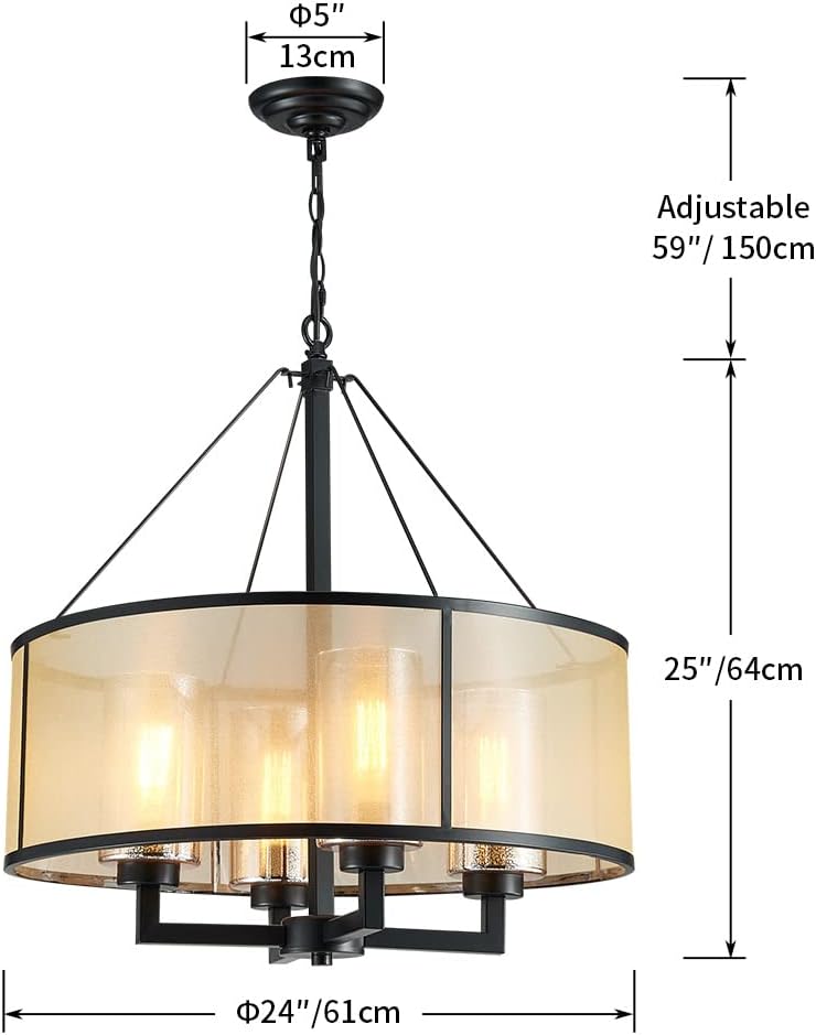 Decorique Home 23018 Modern Antique Bronze Chandelier Light Fixture 4-Light Gold Pendant Light Fixture Network Lampshade Chandelier for Dining Room,Living Room,Bedroom,Chain Adjustable fabric shade