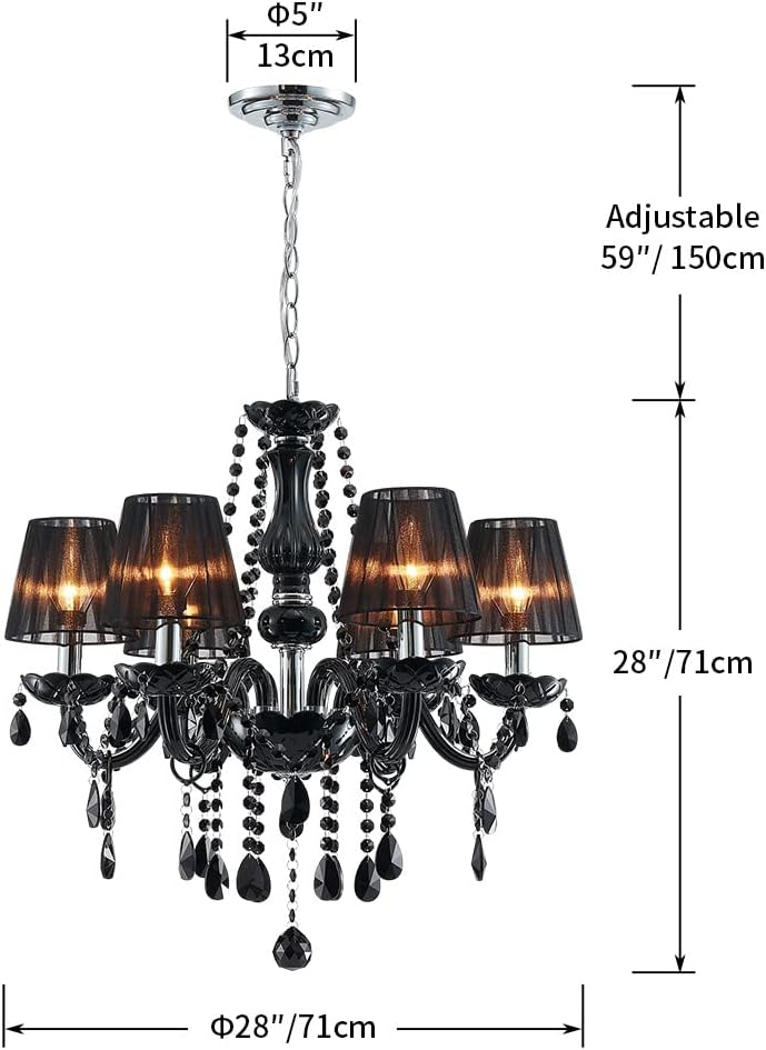 Decorique Home 23014 6 Lights Modern Chandelier K9 Black Crystal Chandelier Lighting,Black Shade Crystal Ceiling Light Fixture Pendant Lamp for Dining Room Bathroom Bedroom Living Room