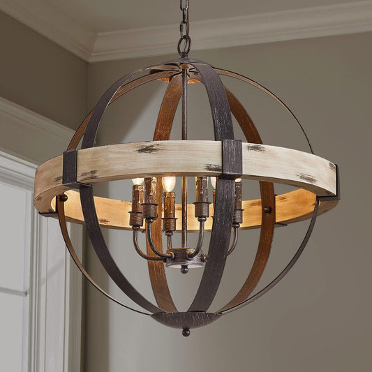 Decorique Home 23022 Rustic Chandelier Traditional Farmhouse Lighting 6-Light Sphere Globe Chandelier Lighting,Vintage Solid Wood Ring Frame Wrought Iron Arms, W27 x H25, Chain Adjustable