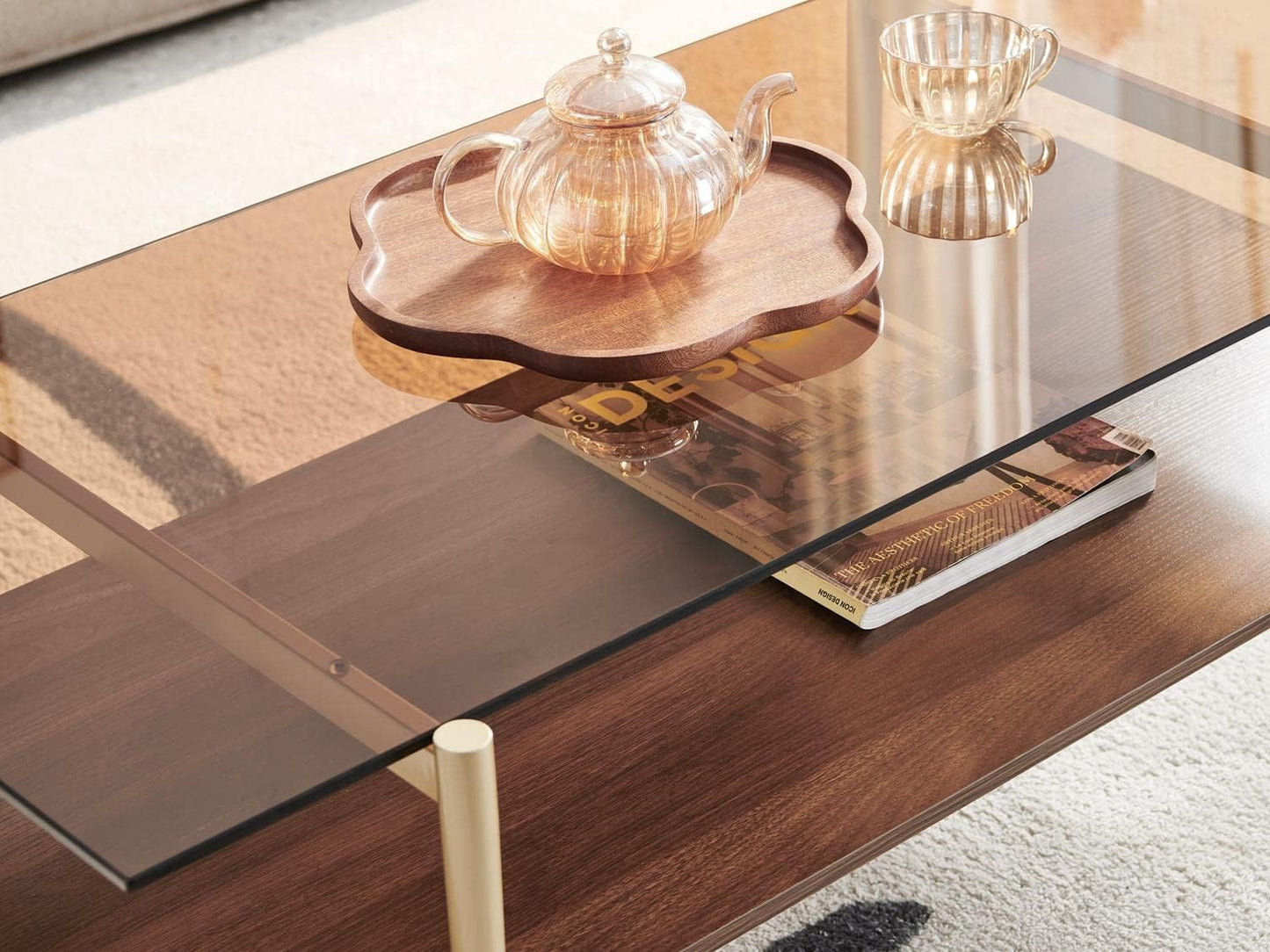 Saint Mossi Tadio Glass Coffee Table,Double Layer Glass Coffee Table for Living Room, Brown Glass & Coffee Brown MDF Bottom Shelf