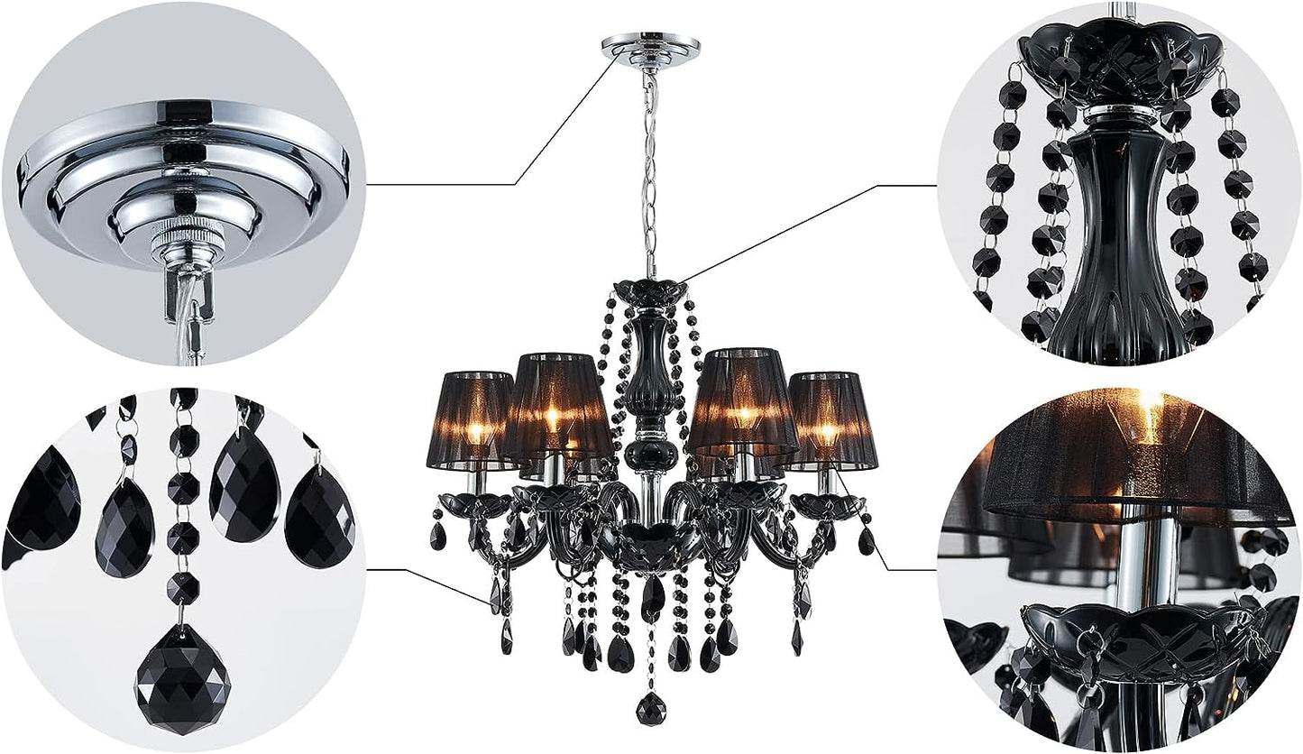 Decorique Home 23014 6 Lights Modern Chandelier K9 Black Crystal Chandelier Lighting,Black Shade Crystal Ceiling Light Fixture Pendant Lamp for Dining Room Bathroom Bedroom Living Room