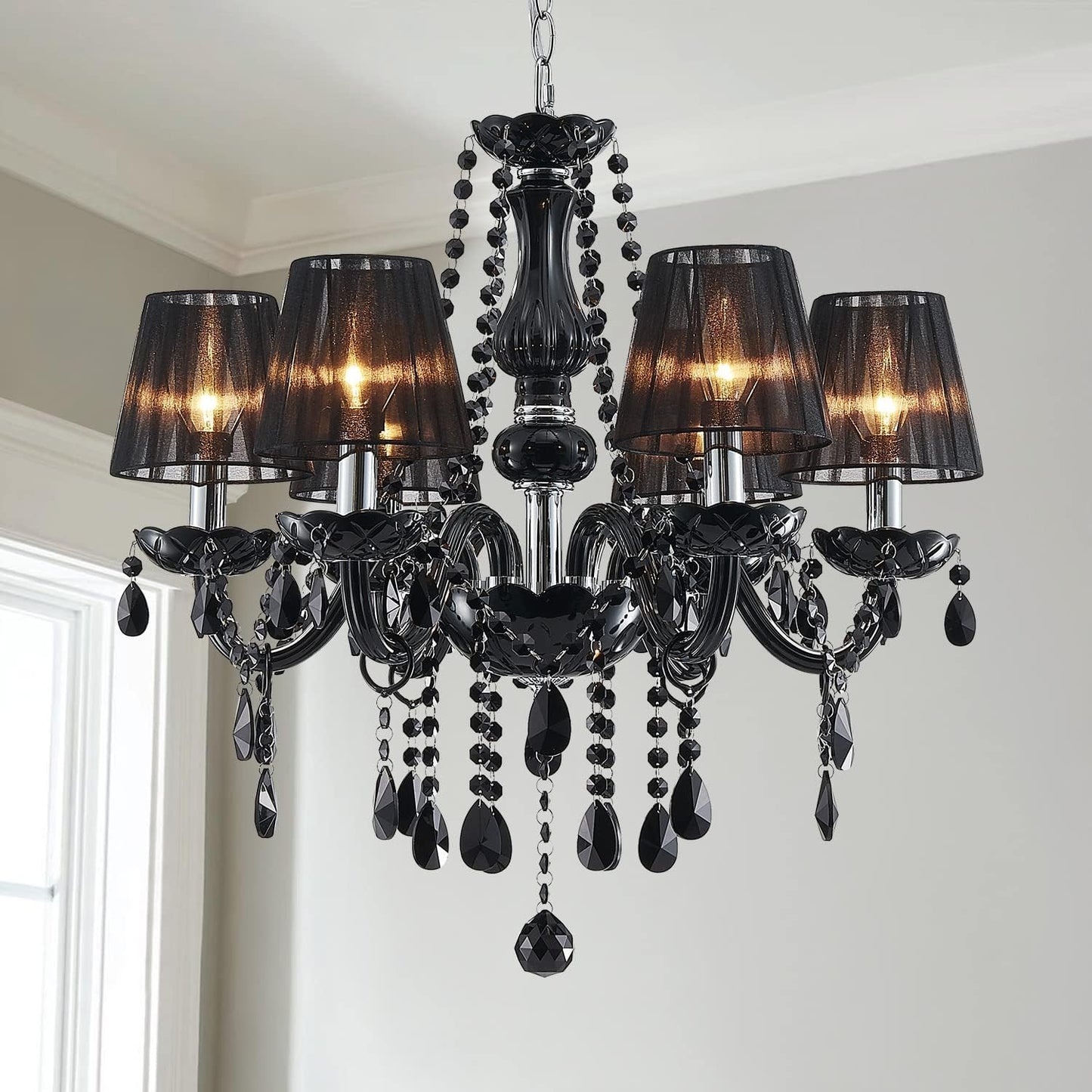 Decorique Home 23014 6 Lights Modern Chandelier K9 Black Crystal Chandelier Lighting,Black Shade Crystal Ceiling Light Fixture Pendant Lamp for Dining Room Bathroom Bedroom Living Room