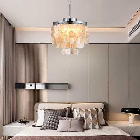 Shrine Lighting 20013 Modern Chandelier Light Fixture with 4 Lights,Capiz Shell Pendant Light Fixture Hanging Ceiling Light,Mordern Chandelier for Bedroom,Dining Room,Living Room, H19 x D12