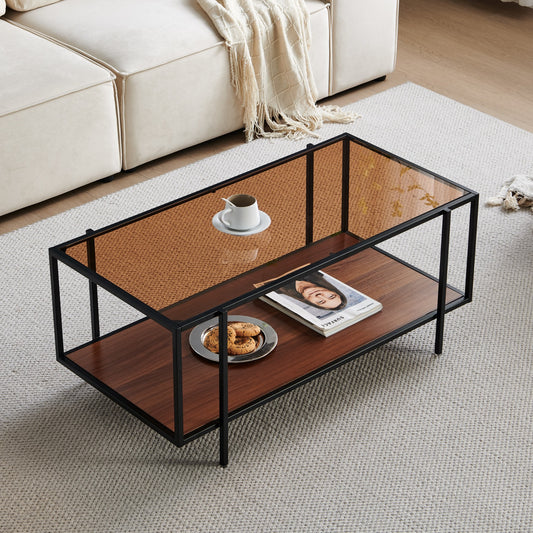 Decorique Home 202307 Glass and Walnut Coffee Table Modern Vintage Aesthetic Tea Coffee Brown Colored Glass Matte Black Metal Double-Layer Design Storage Shelf for Living Room Home Office