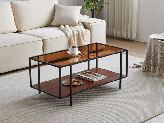 Decorique Home 202307 Glass and Walnut Coffee Table Modern Vintage Aesthetic Tea Coffee Brown Colored Glass Matte Black Metal Double-Layer Design Storage Shelf for Living Room Home Office