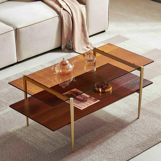 Saint Mossi Tadio Glass Coffee Table,Double Layer Glass Coffee Table for Living Room, Brown Glass & Coffee Brown MDF Bottom Shelf