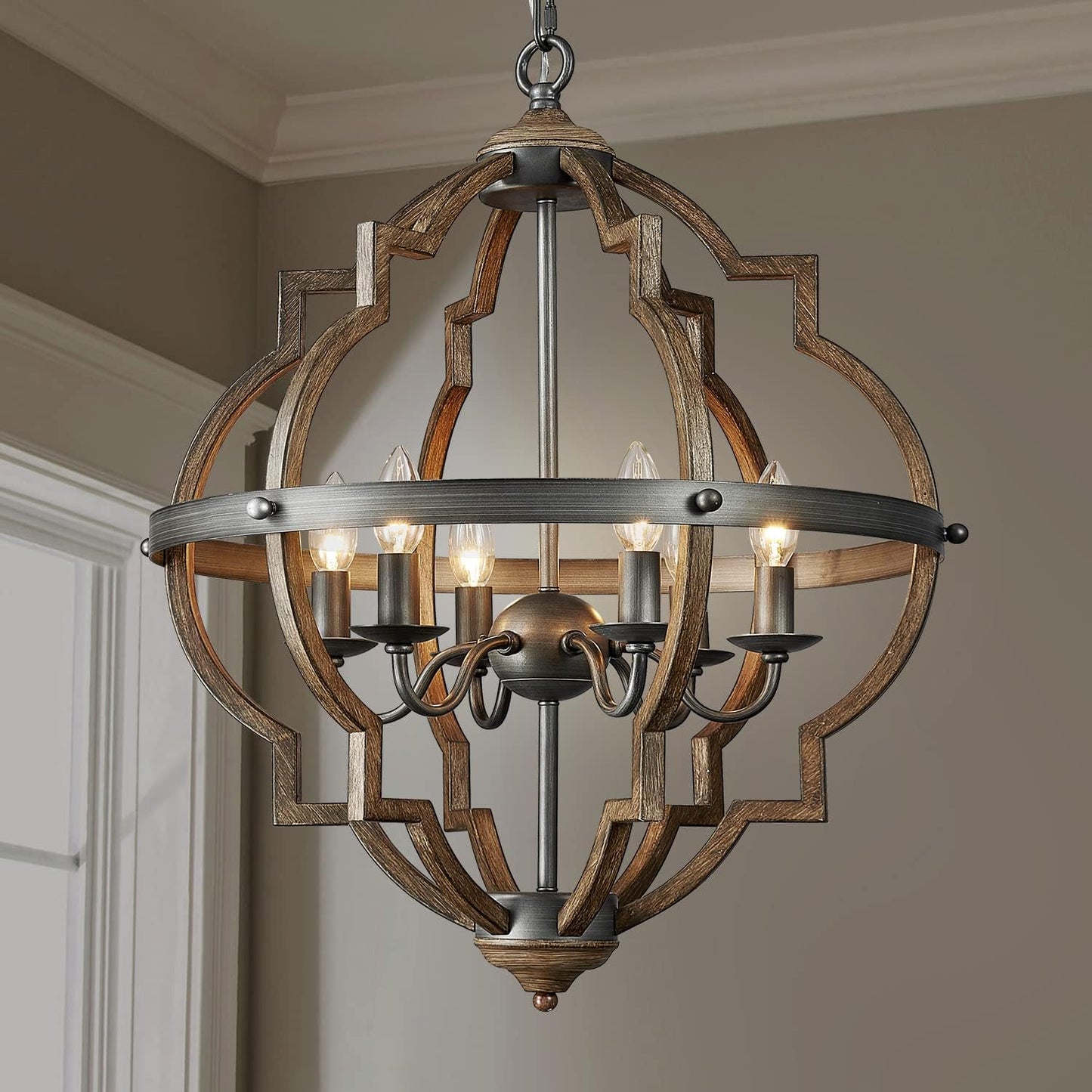 Saint Mossi 6-Lights Stardust Distressed Oak Finish Farmhouse Chandelier Light Fixture,Rustic Globe Chandelier Style,Globe Pendant Light Farmhouse Pendant Light Fixtures,H29 x D21,Chain Adjustable SM-DY-1711028-V2