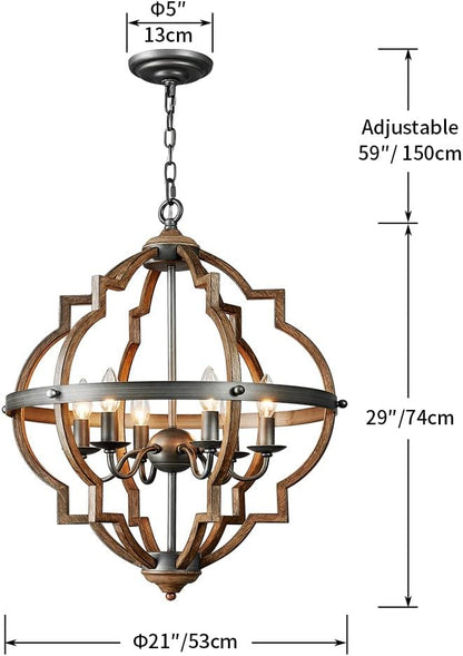 Saint Mossi 6-Lights Stardust Distressed Oak Finish Farmhouse Chandelier Light Fixture,Rustic Globe Chandelier Style,Globe Pendant Light Farmhouse Pendant Light Fixtures,H29 x D21,Chain Adjustable SM-DY-1711028-V2