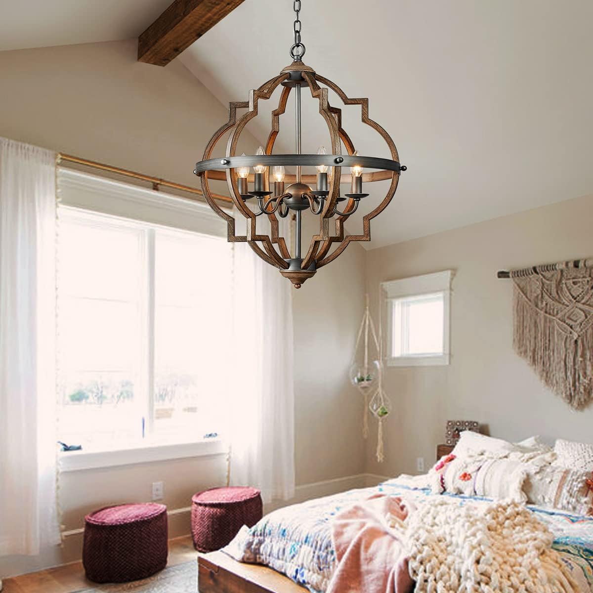 Saint Mossi 6-Lights Stardust Distressed Oak Finish Farmhouse Chandelier Light Fixture,Rustic Globe Chandelier Style,Globe Pendant Light Farmhouse Pendant Light Fixtures,H29 x D21,Chain Adjustable SM-DY-1711028-V2