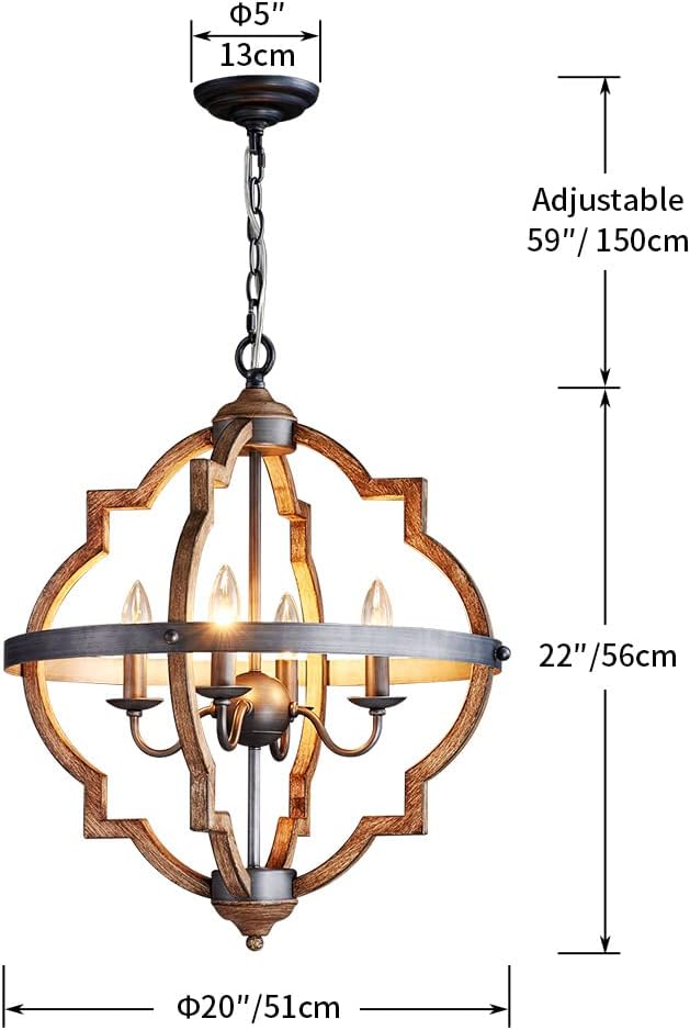 Saint Mossi  ‎SM-DY-19081 4-Lights Wooden Finish Farmhouse Chandelier Light Fixture,Rustic Globe Chandelier Style,Globe Pendant Light Farmhouse Pendant Light Fixtures,H22 x D20,Chain Adjustable