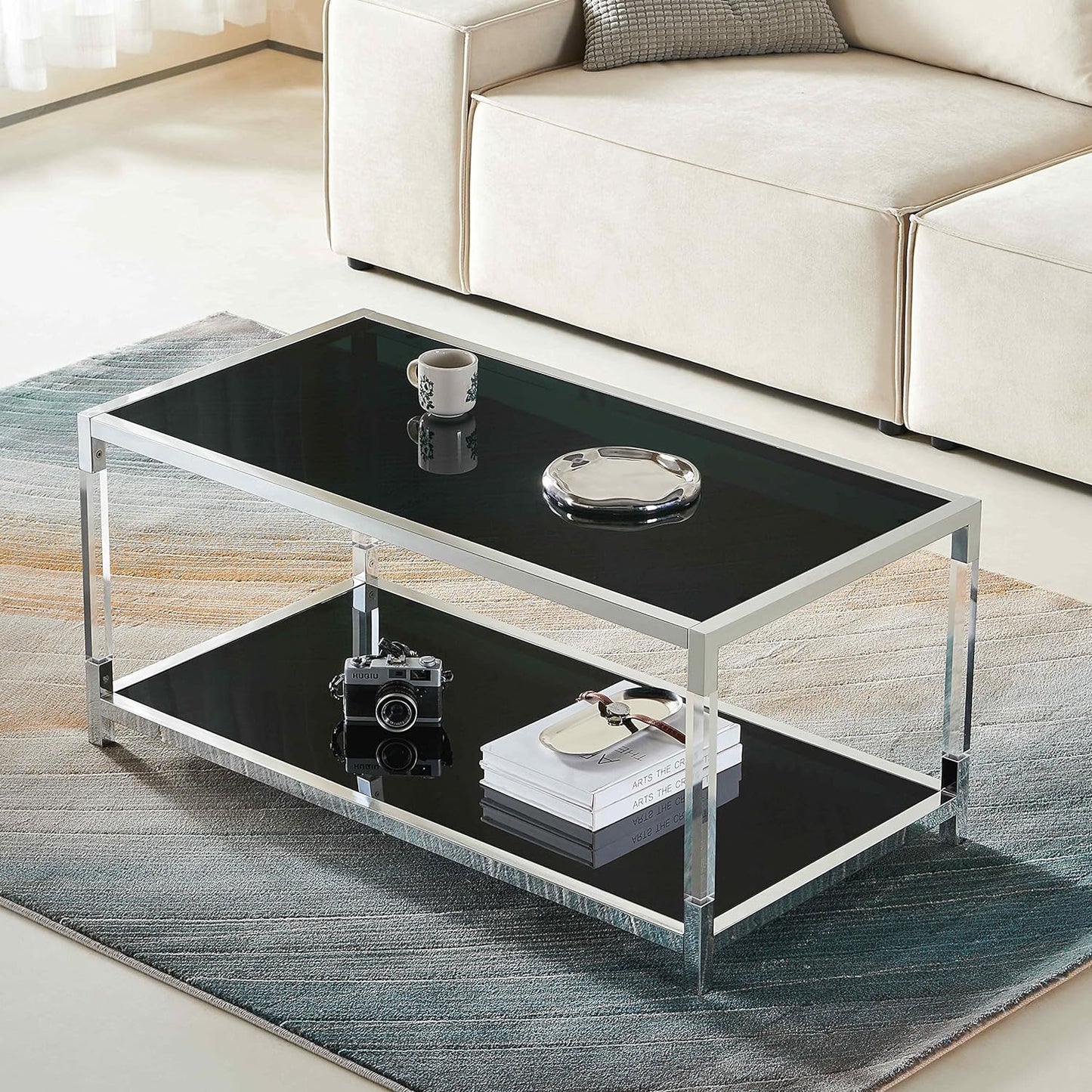 Saint Mossi BLEVIO Glass Coffee Table, Double Layer Black Glass Coffee Table for Living Room, Chrome Frame and Black Glass，Clear Acrylic Table Leg