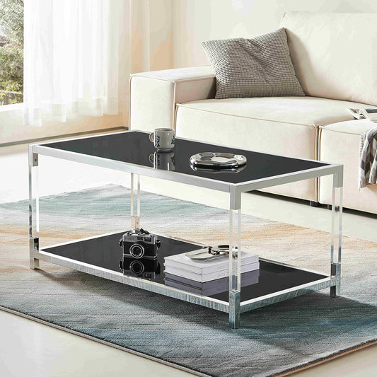 Saint Mossi BLEVIO Glass Coffee Table, Double Layer Black Glass Coffee Table for Living Room, Chrome Frame and Black Glass，Clear Acrylic Table Leg