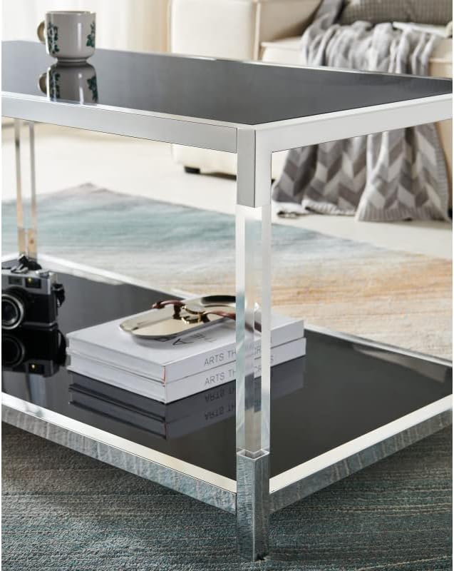 Saint Mossi BLEVIO Glass Coffee Table, Double Layer Black Glass Coffee Table for Living Room, Chrome Frame and Black Glass，Clear Acrylic Table Leg