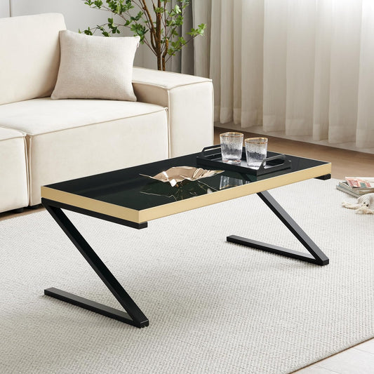 SHRINE Black Coffee Table, Ultra-Black Glass Top, Gold Painted Tabletop Border, Stylish and Simple Coffee Table, Z-Shaped Leisure Coffee Table, Gold-Plated Metal Frame  ZS-TA-202305