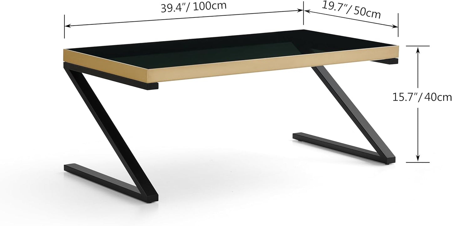 SHRINE Black Coffee Table, Ultra-Black Glass Top, Gold Painted Tabletop Border, Stylish and Simple Coffee Table, Z-Shaped Leisure Coffee Table, Gold-Plated Metal Frame  ZS-TA-202305