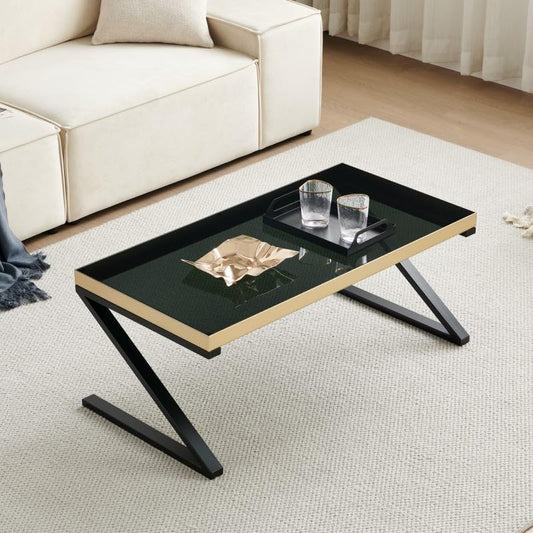 SHRINE Black Coffee Table, Ultra-Black Glass Top, Gold Painted Tabletop Border, Stylish and Simple Coffee Table, Z-Shaped Leisure Coffee Table, Gold-Plated Metal Frame  ZS-TA-202305