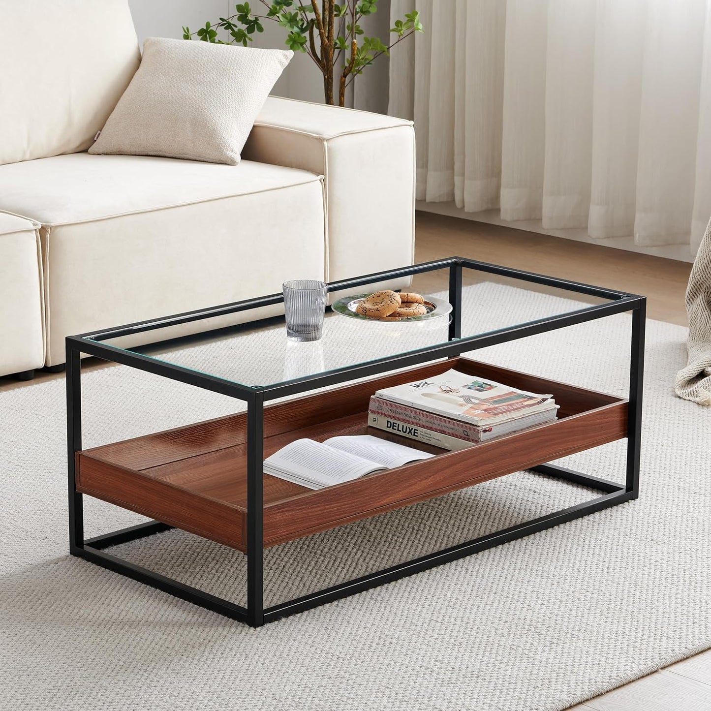 SHRINE Glass Coffee Table, Dual-Layer Coffee Table for Living Room, Black-Plated Metal Frame, Clear Glass Top, Walnut Wood Panels ZS-TA-202306