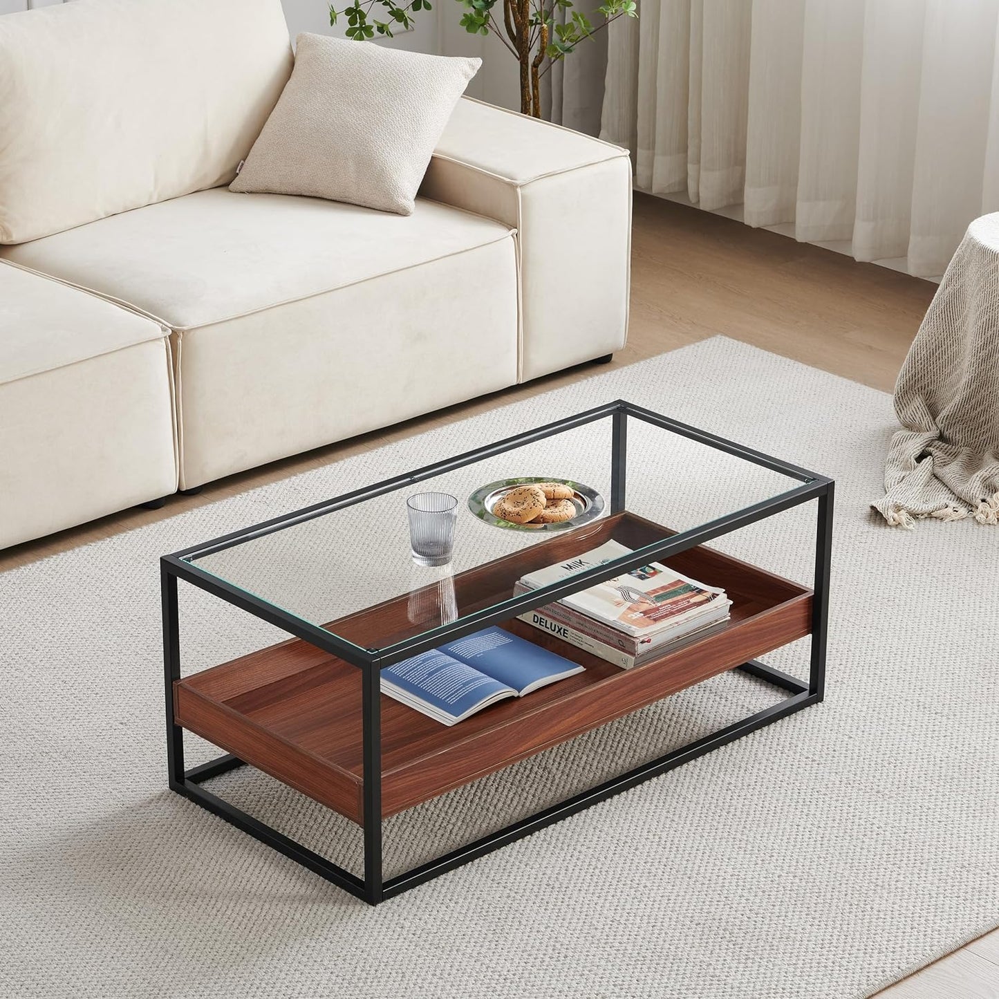 SHRINE Glass Coffee Table, Dual-Layer Coffee Table for Living Room, Black-Plated Metal Frame, Clear Glass Top, Walnut Wood Panels ZS-TA-202306