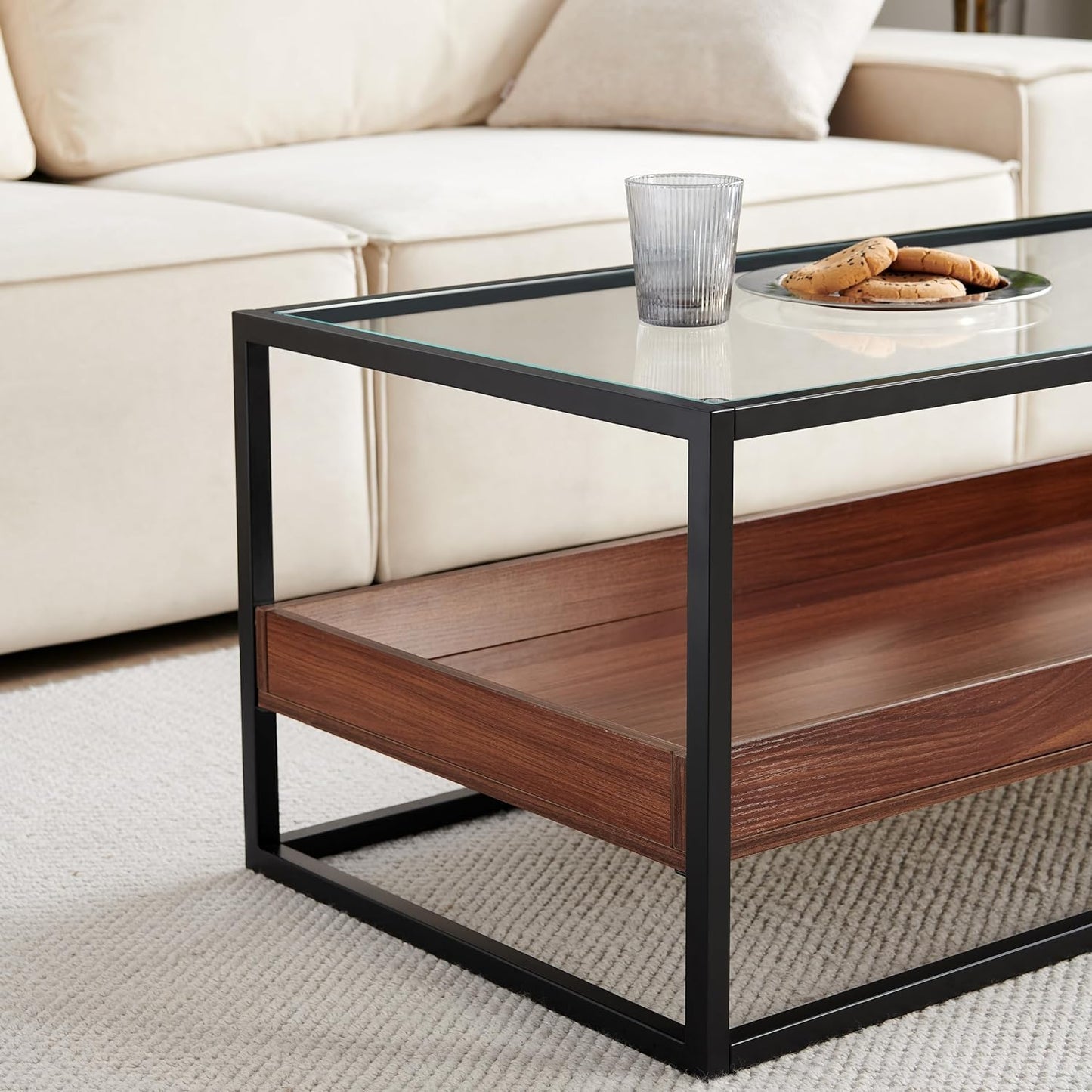 SHRINE Glass Coffee Table, Dual-Layer Coffee Table for Living Room, Black-Plated Metal Frame, Clear Glass Top, Walnut Wood Panels ZS-TA-202306