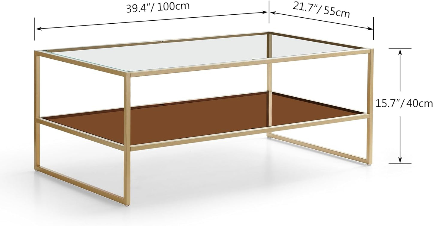 SHRINE Glass Coffee Table, Dual-Layer Glass Coffee Table for The Living Room, Gold-Plated Metal Frame, Golden Hardware, Lower Tier with Tinted Glass ZS-TA-202308GL-BR