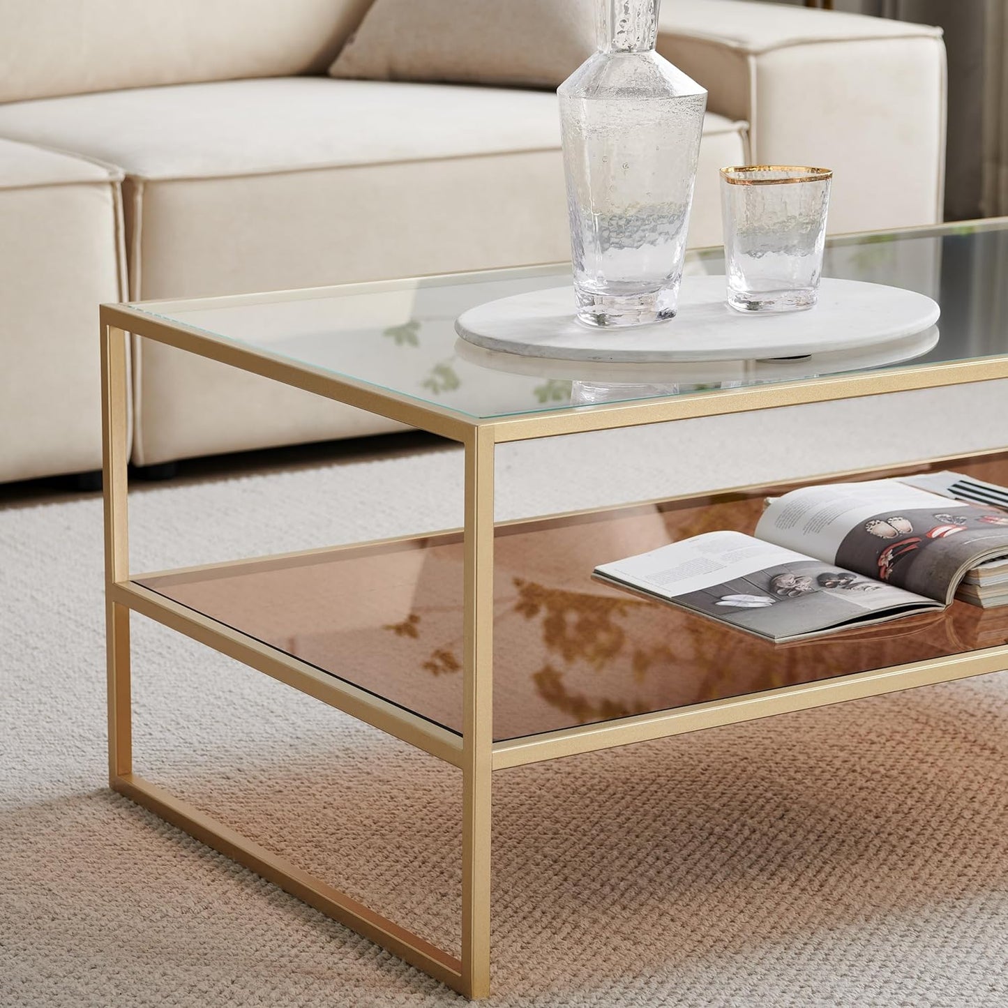 SHRINE Glass Coffee Table, Dual-Layer Glass Coffee Table for The Living Room, Gold-Plated Metal Frame, Golden Hardware, Lower Tier with Tinted Glass ZS-TA-202308GL-BR