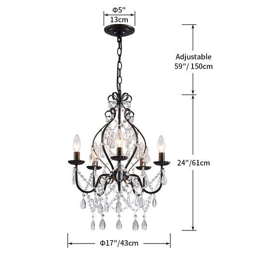 Saint Mossi 5-Lights Crystal Chandelier, Farmhouse Pendant Light Fixtures, H24" x D17",Chain Adjustable Max 59", Black Finish