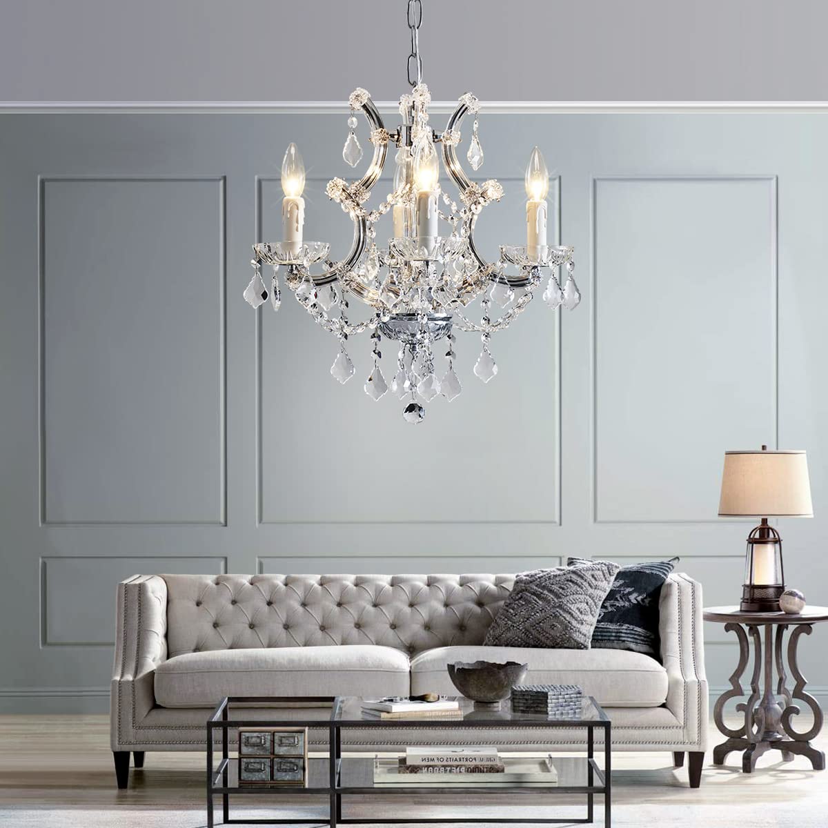 SM Saint Mossi 4 Light Crystal Maria Therese Chandelier Light Fixture,Modern Chandelier Crystal Chandelier for Bedroom,Dining Room,Living Room,H 17 in x W 18 in with Adjustable Chain