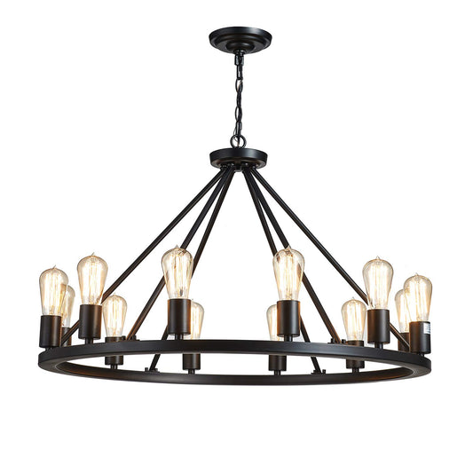 Decorique Home Antique Painted Metal Chandelier Lighting with 12 Lights,Rustic Vintage Farmhouse Pendant Lighting Wagon Wheel Chandelier,Black Finish,H20" x D32" with Adjustable Chain