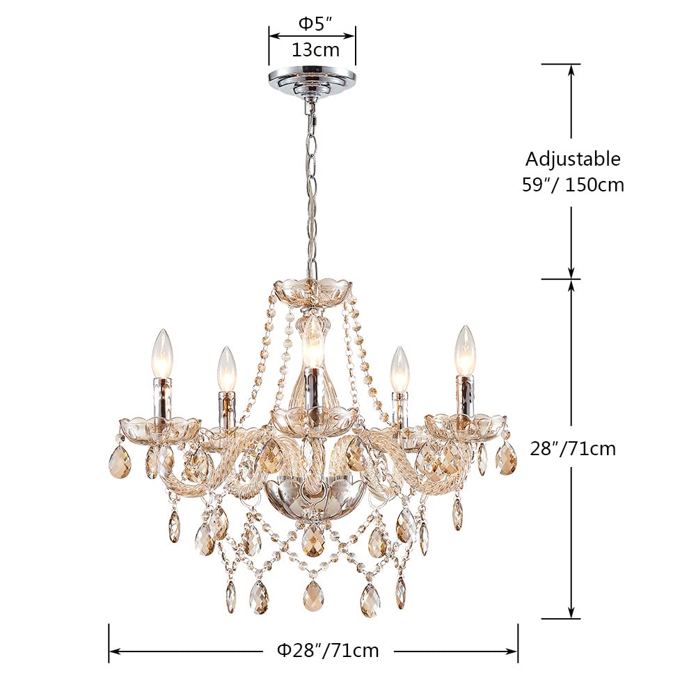 Saint Mossi Modern K9 Crystal Chandelier, Pendant Ceiling Lighting Fixture with 5-Light, Champagne Crystal Chandelier