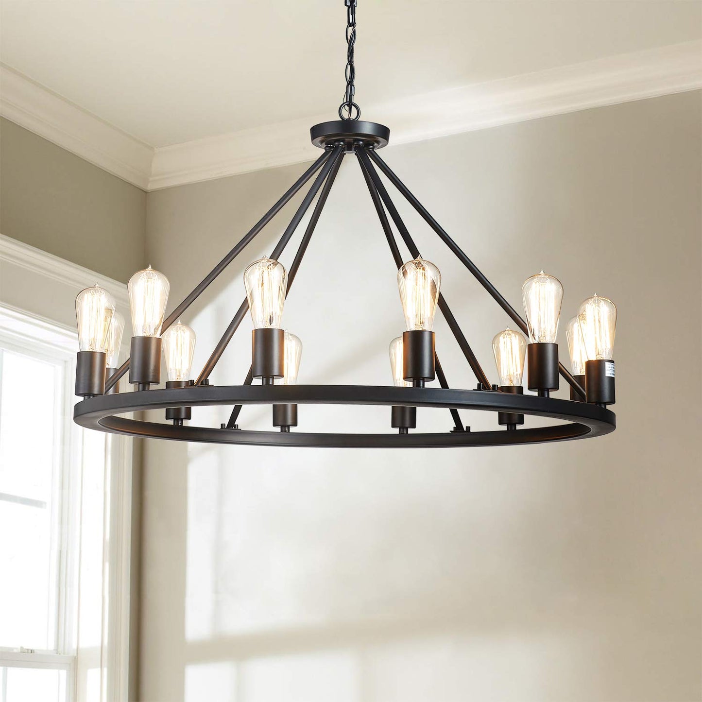 Decorique Home Antique Painted Metal Chandelier Lighting with 12 Lights,Rustic Vintage Farmhouse Pendant Lighting Wagon Wheel Chandelier,Black Finish,H20" x D32" with Adjustable Chain