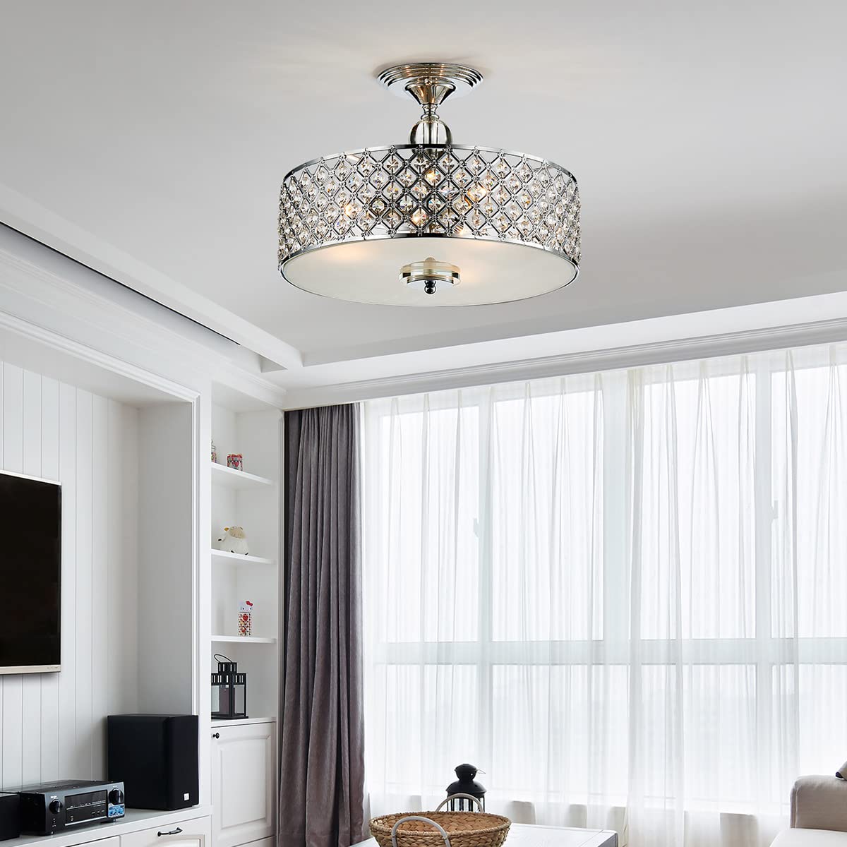 Saint Mossi 3-Lights Modern Flush Mount Ceiling Light Fixture Crystal Ceiling Light,K9 Crystal Flush Mount Close To Ceiling Light Fixture for Dining Room,Livingroom,Bedroom,H11" x D15.4"